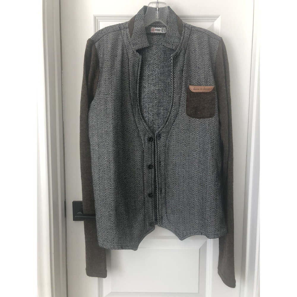 H2H Have to Have Herringbone Stand up Collar Button Front Sweater Black Brown‎ S